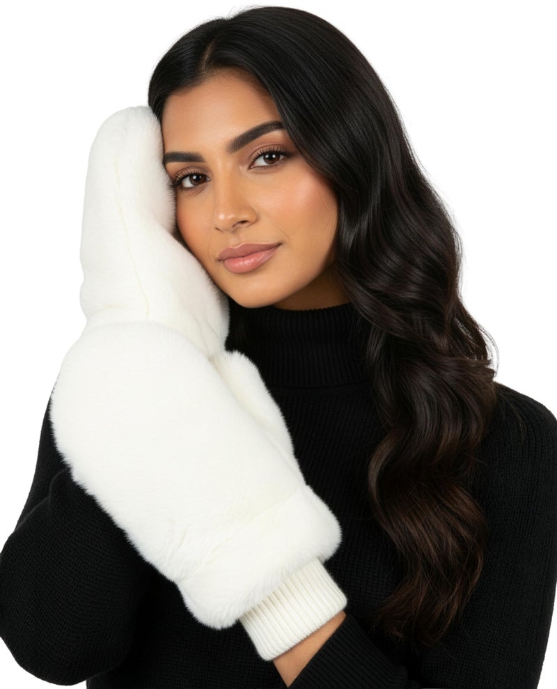 Funky Junque Women's White Faux Fur Mittens with Finger Flap, Warm Convertible Fingerless Gloves for Texting, Driving - Ivory - Image 1